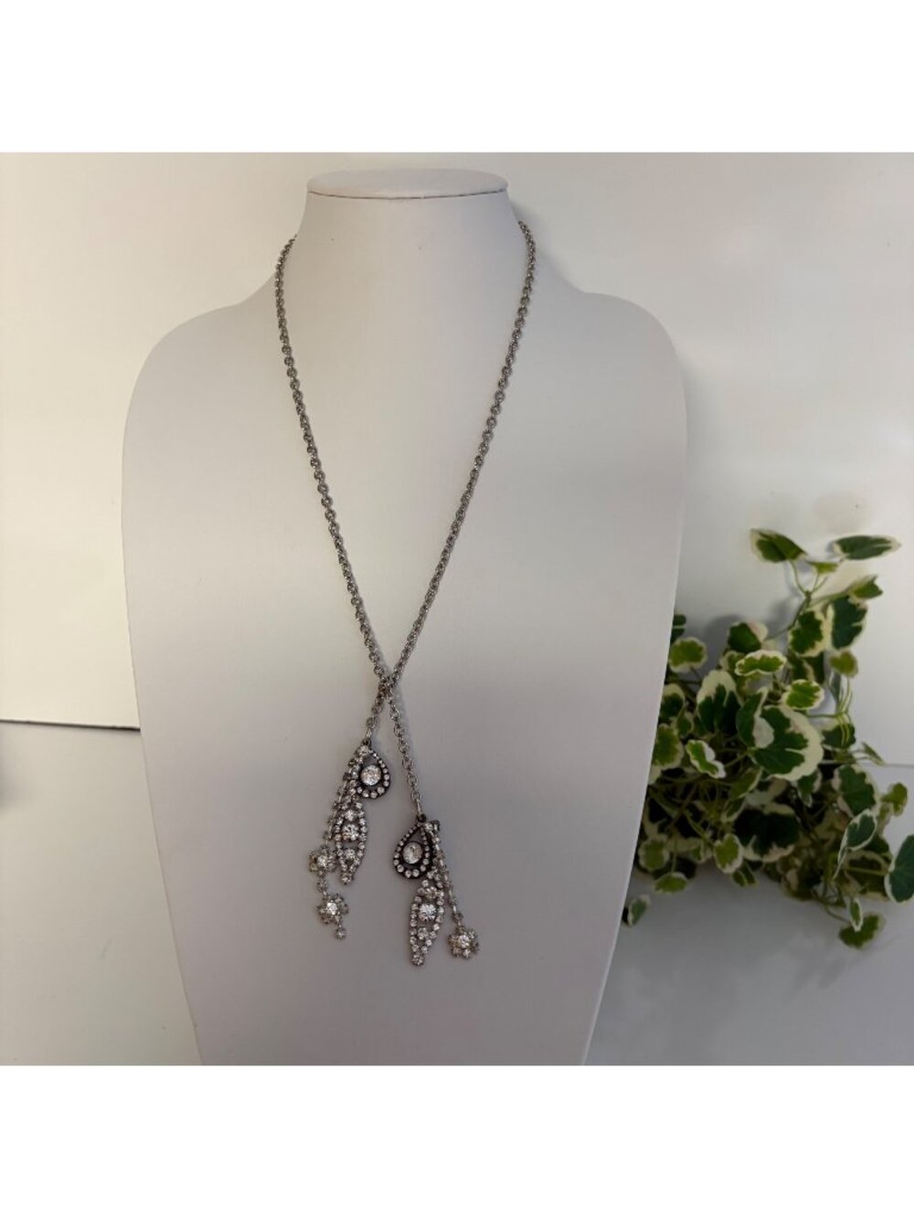 Silver-Tone Rhinestone Lariat Necklace Handcrafted Upcycled with Drop Pendants